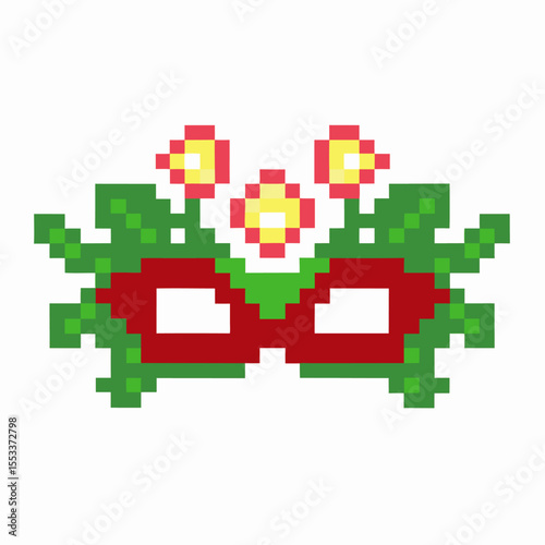 Pixel carnival mask decorated with green leaves and red flowers retro digital party costume, festive floral disguise