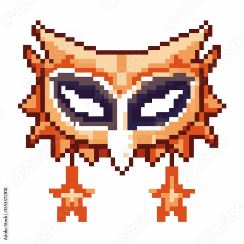 Pixel art masquerade mask decorated with sun and star shapes, retro carnival costume accessory, festive celebration design
