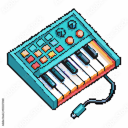 Retro pixel art synthesizer keyboard electric music instrument, buttons, keys, cable, vintage electronic sound design