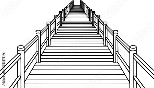 Perspective Pier Vector – Black and White Outline Dock Illustration – Simple Jetty Line Art – Empty Template or Mockup for Designers – Minimalist Boardwalk with Depth Effect