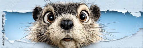 Surprised Groundhog Peeking Through Torn Paper with Snowy Background