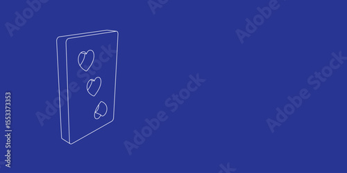 The outline of a large Three of hearts playing card made of white lines on the left. 3D view of the object in perspective. Vector illustration on indigo background