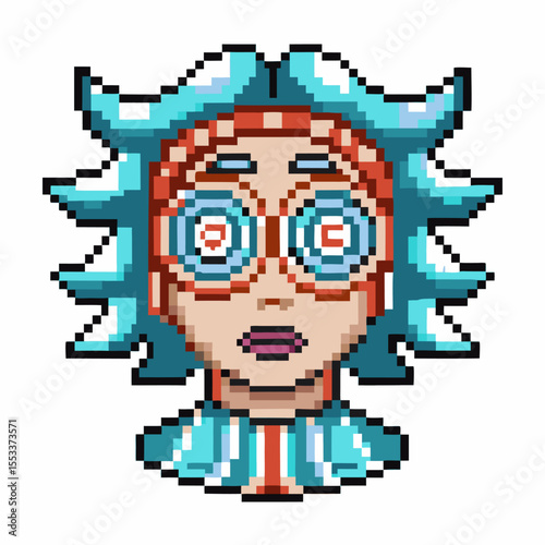 Surprised scientist with spiky blue hair pixel art character, hypnotized eyes, retro video game avatar, shocked expression
