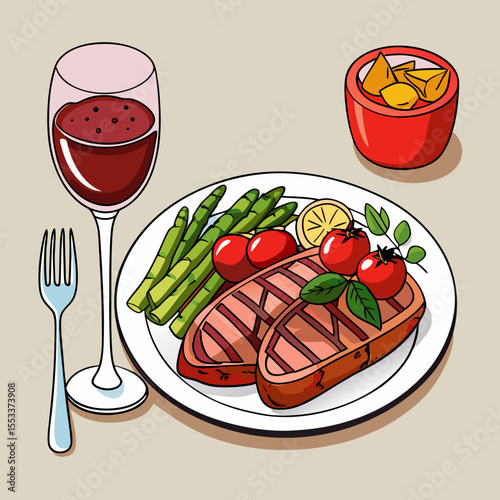 Delicious grilled steak dinner with asparagus tomatoes lemon and red wine