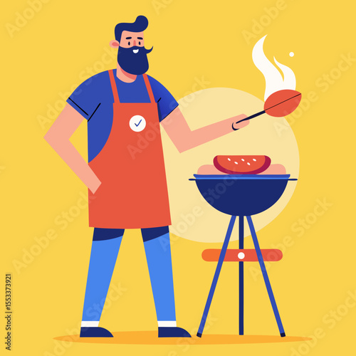 Man wearing an apron grilling sausages and watermelon on a barbecue