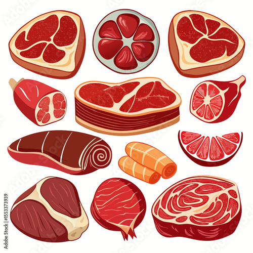 Collection of various raw meat cuts and slices on a white background