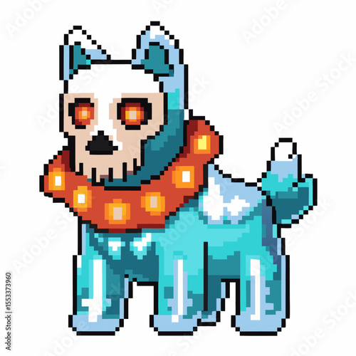 Pixel art skeleton dog with glowing eyes and orange spiked collar blue digital animal, fantasy creature design