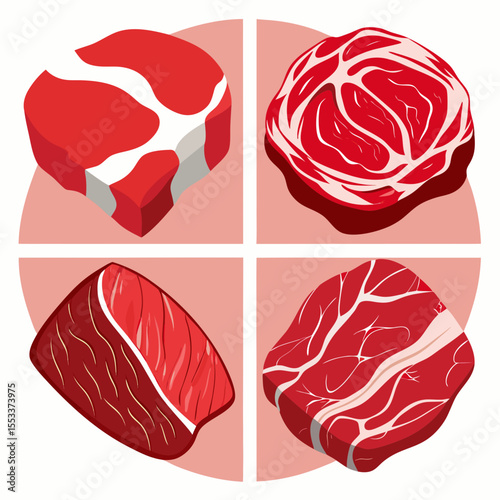 Four different cuts of raw red meat displayed in a grid format