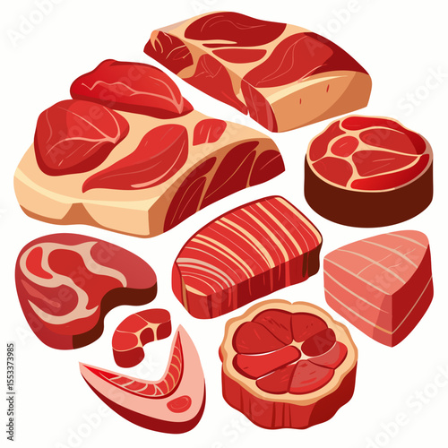 Assortment of raw meat cuts including steaks roasts and slices