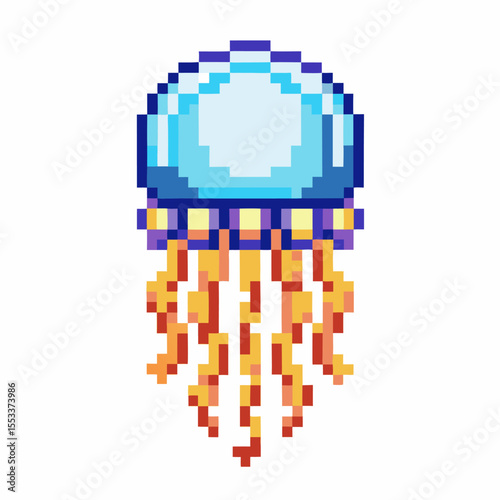 Pixel art jellyfish with glowing blue dome and vibrant orange tentacles on white background, retro aquatic game design