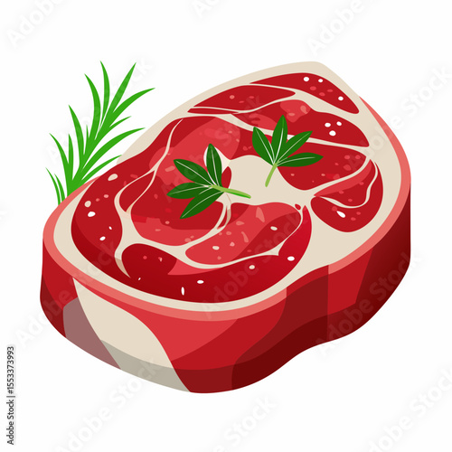 Fresh raw beef steak with rosemary and parsley garnish on white background