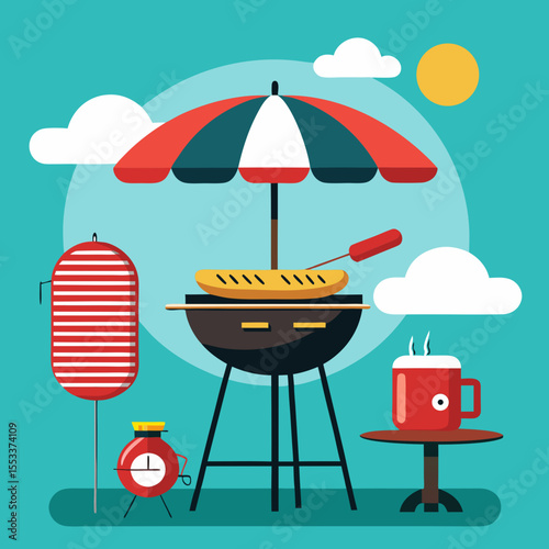 Summer barbecue scene with grilled sausage under a striped umbrella and a hot drink