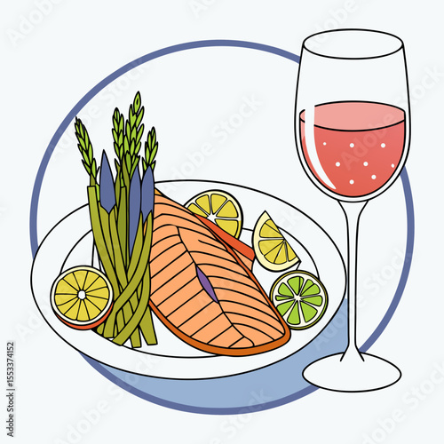 Healthy salmon steak with asparagus and citrus served with rose wine