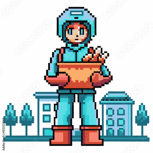 Delivery worker in protective suit holding groceries, pixel art urban background, safety, essential services concept