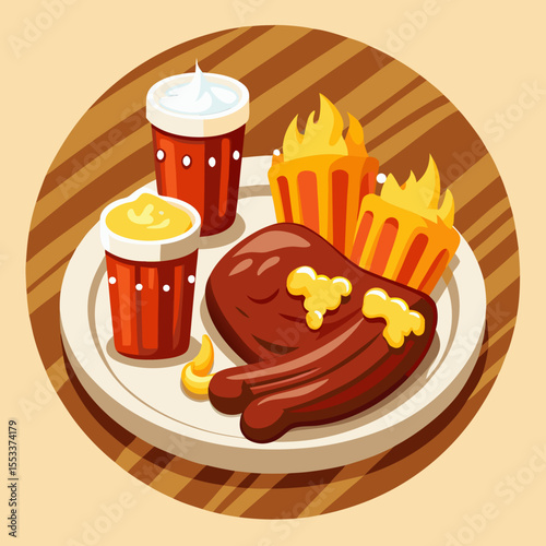 Hearty meat dish with sides of sauce and bread served on a plate