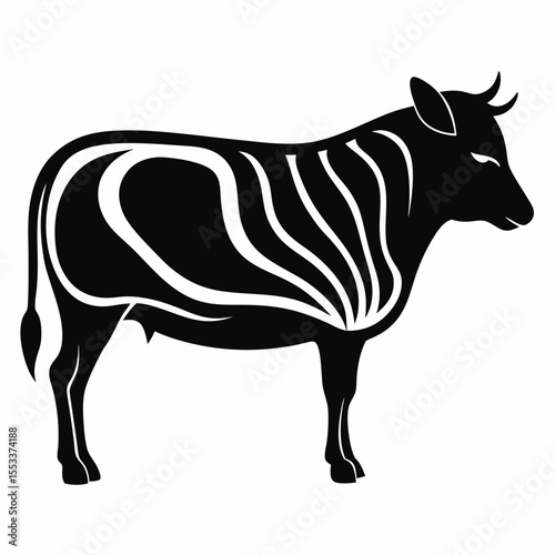 Stylized black silhouette of a cow with zebra stripes pattern