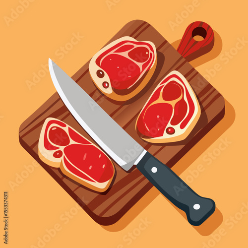 Raw steak cuts and a chef s knife on a wooden cutting board