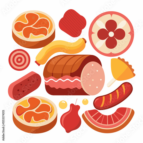 Assortment of delicious meat products and food items arranged in a flat design style