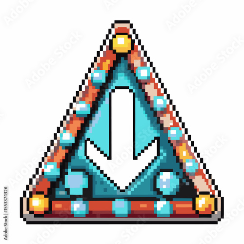 pixelated triangular sign with downward arrow, blue and brown border, illuminated bulbs, retro video game user interface