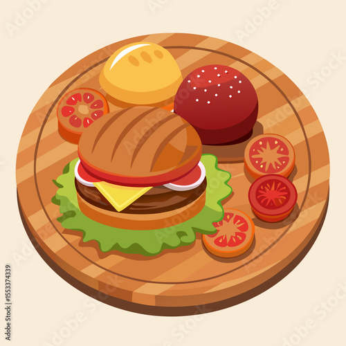 Delicious hamburger with fresh ingredients and buns on a wooden board