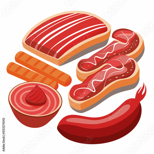 Assortment of raw meats and sausages with ketchup and mustard