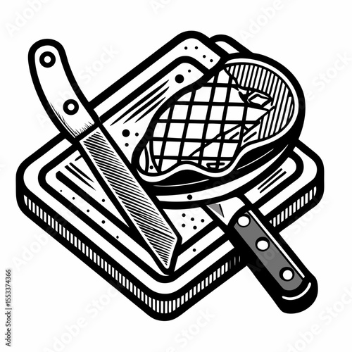 Grilled steak and knife on cutting board for preparation and serving