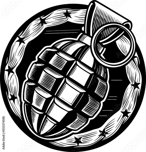 Hand grenade illustration with barbed wire circle monochrome retro military weapon, explosive danger, security concept