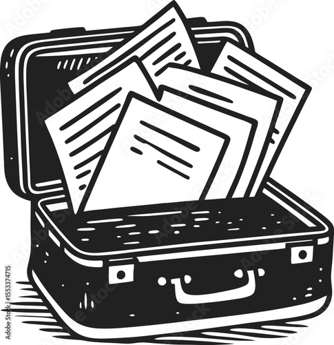 Open suitcase filled with documents paperwork organization, travel files, business or legal documents, hand drawn illustration