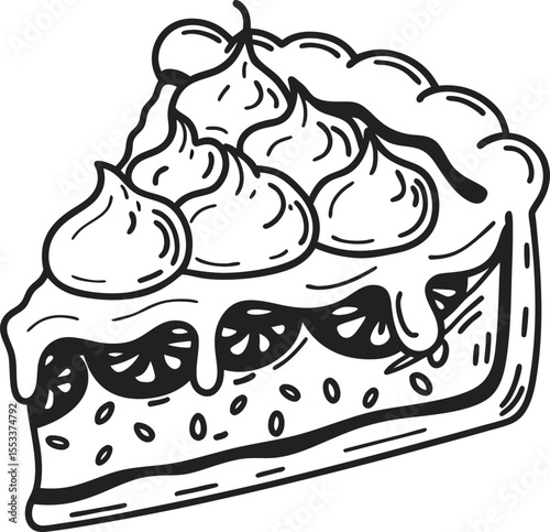 Slice of creamy cherry pie with whipped topping detailed black and white dessert illustration for bakery menu or recipe