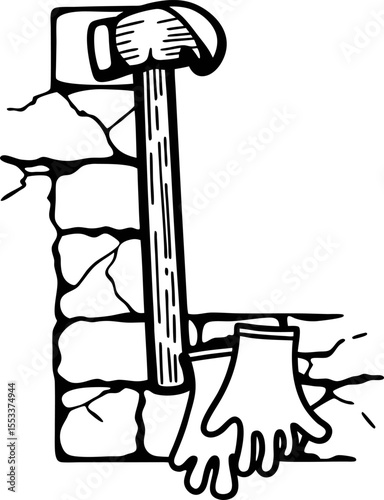 Hammer resting on stone brick wall with work gloves construction, masonry, repair tool equipment concept illustration