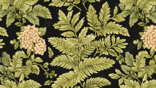 Natural Green Leaf and Floral Pattern on Black Background Design