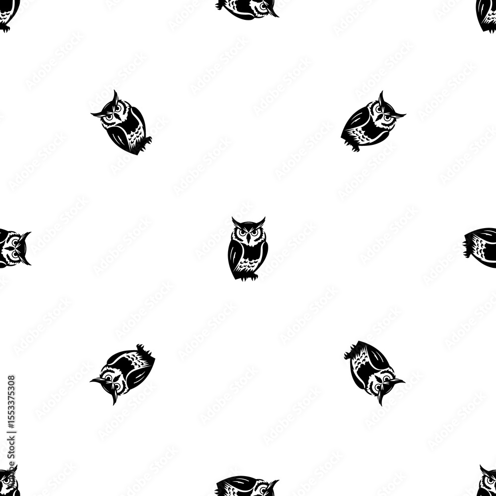 Fototapeta premium Seamless pattern of repeated black owl symbols. Elements are evenly spaced and some are rotated. Illustration on transparent background