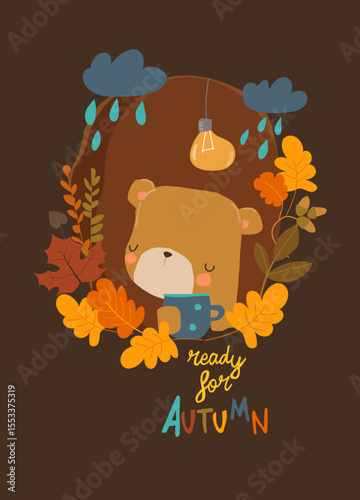Cute bear drinking coffee inside den in autumn forest