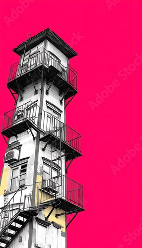 Urban Fire Escape Tower Against a Vibrant Hot Pink Sky