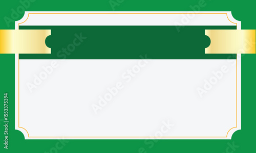 Green and gold frame template with ribbon detail and central blank space. Ideal for certificates, invitations, awards, or announcements. Features elegant white panel and ornate corner design.