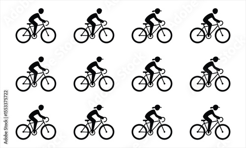 Set of twelve black silhouette cyclists riding bicycles on a white background