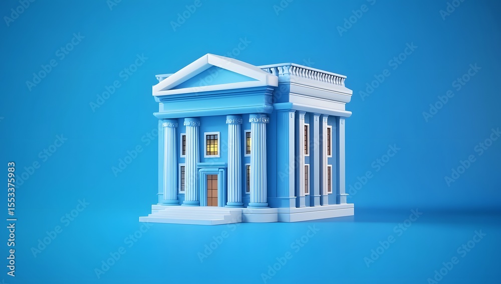 Fototapeta premium 3D Small Bank Model with columns isolated on blue background Roman ancient architecture AI Generated