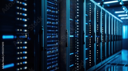 Sleek modern data center with black server cabinets illuminated by blue LED lights, perfect for cybersecurity, networking, or high-tech infrastructure content