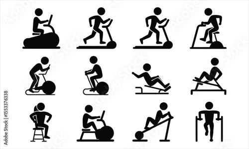 Collection of stylized stick figure icons representing various gym workout machines and exercises