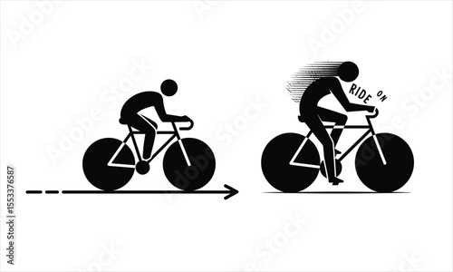 Cyclist silhouette moving forward with speed lines and text ride on