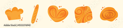 Set of various baked goods croissant, loaf, pretzel, bun, baguette, roll, danish pastry, and donut isolated on light background. Flat vector illustration. Bakery and food concept cooking pastry