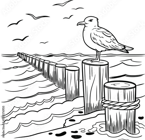 Seagull Perched on Pier Post with Ocean View