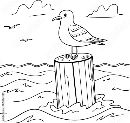 Cartoon Bird Perched on a Wooden Post 