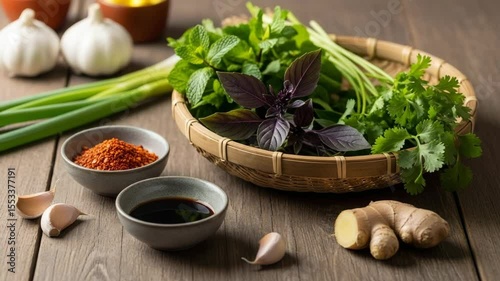 Rustic tabletop showcasing assorted Asian condiments and fresh herbs for cooking