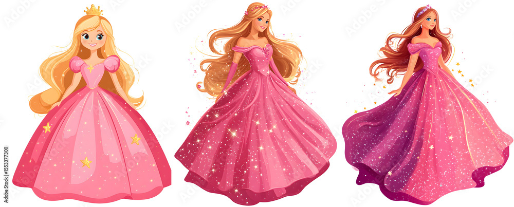 Obraz premium Beautiful Fantasy Princesses in Sparkling Pink Dresses with Elegant Styling AI Generated