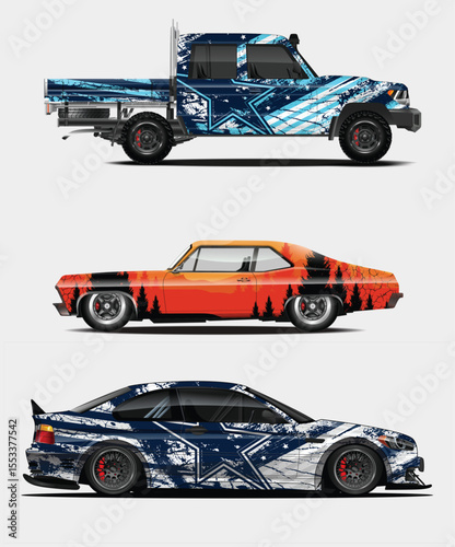 Three stylized vehicles with unique graphic wraps on a clean white background