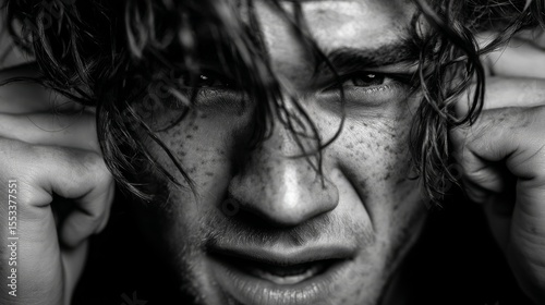 A young man with an awkward expression on his face in a black and white image