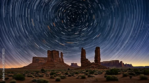 Starry night sky over Monument Valley, showcasing rock formations and desert landscape