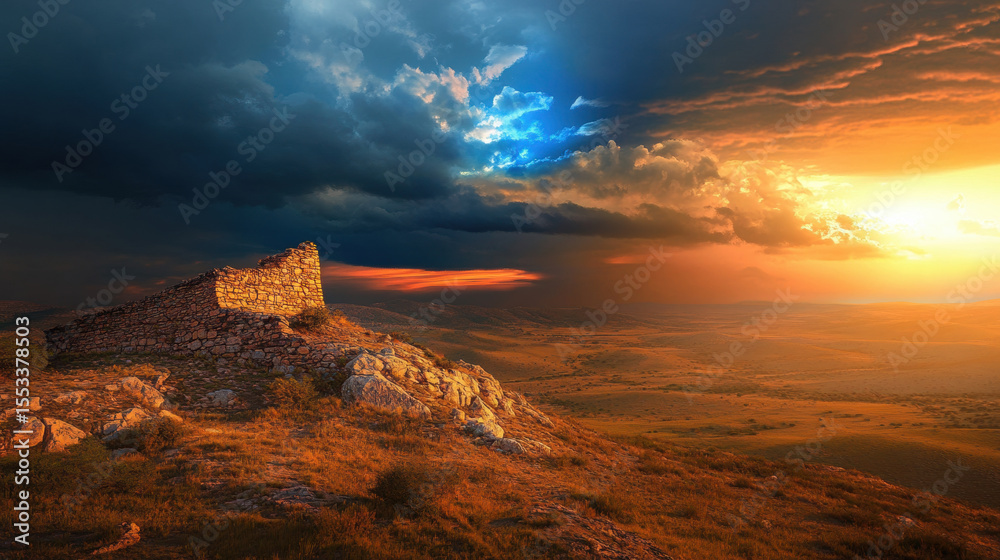 Fototapeta premium Vibrant sunset illuminates ancient stone ruin on hilltop, with dramatic clouds and colorful sky creating mystical atmosphere over vast, open landscape