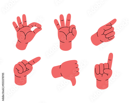 Cartoon Hand Gestures Collection Ok, Victory, Pointing, Thumbs Down, One Finger Up
